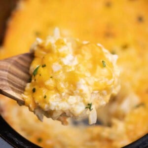 A wooden spoon holds a creamy, cheesy casserole of Crockpot Cheesy Potatoes topped with melted cheddar and garnished with bits of green herbs, with more of the hearty casserole visible in the background.