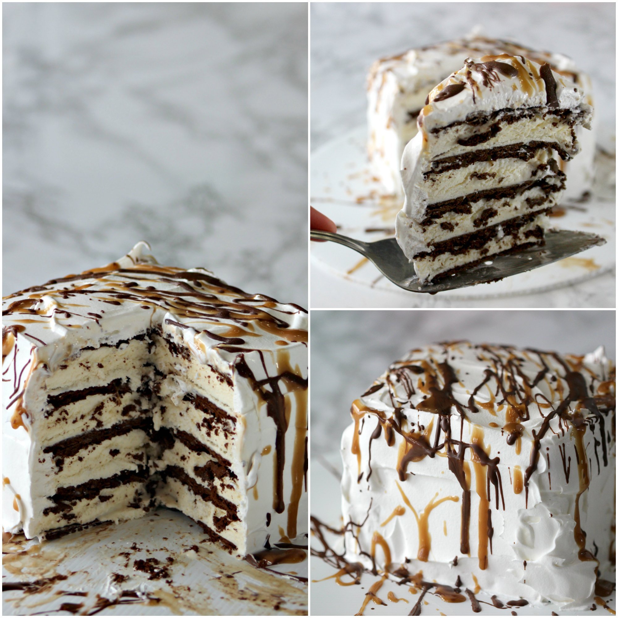 This is the best, Easy Ice cream Cake Recipe. This easy homemade ice cream sandwich recipe can be thrown together in no time making it the best ice cream cake recipe. You are going to love this DIY ice cream cake that is perfect for any occasion or birthday! #eatingonadime #icecreamcake #cakerecipes 