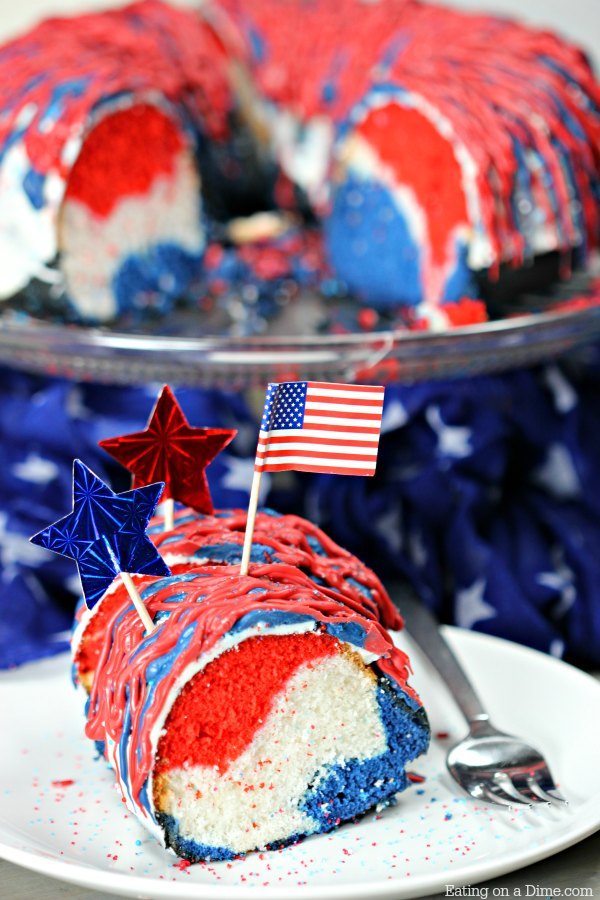 Slice of Red White and Blue cake on a plate
