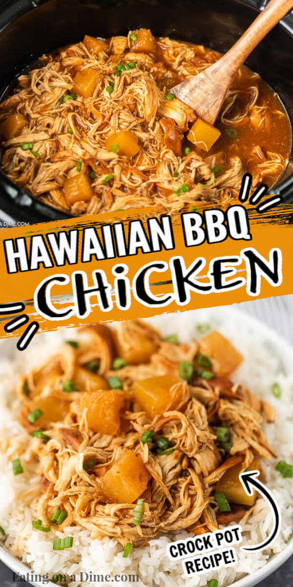 This crock pot Hawaiian bbq chicken is easy to make with only 3 ingredients. Slow Cooker Hawaiian BBQ Chicken is easy to throw together and packed with tons of flavor. Crock pot Hawaiian BBQ Pulled Chicken can be served over rice or on sandwiches. This is an easy and delicious crockpot recipe. #eatingonadime #crockpotrecipes #slowcookerrecipes #chickenrecipes 