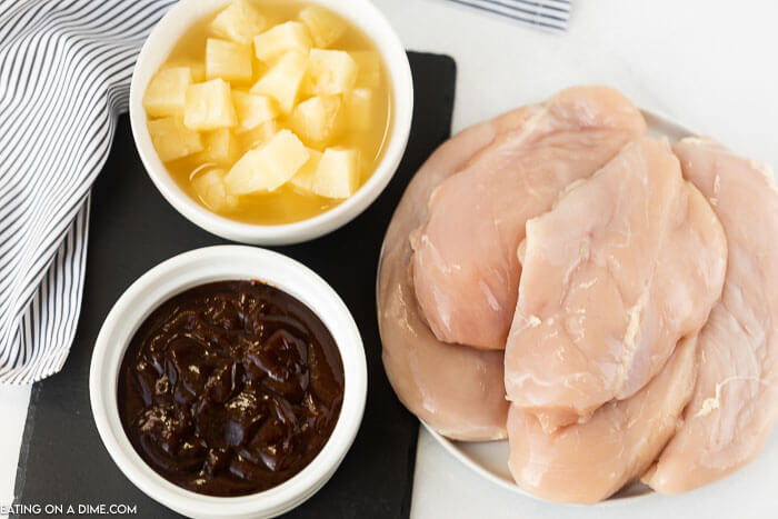 Ingredient to make Hawaiian BBQ Chicken: Chicken, BBQ Sauce and Pineapple 