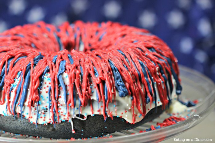 Red White and Blue Cake on a cake plate