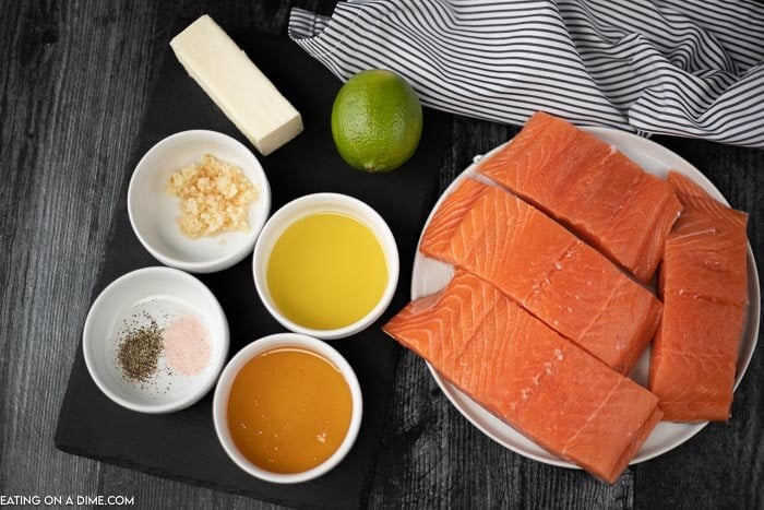 Ingredients to make this recipe: Salmon, oil, honey, salt, pepper, butter, minced garlic and lime juice 