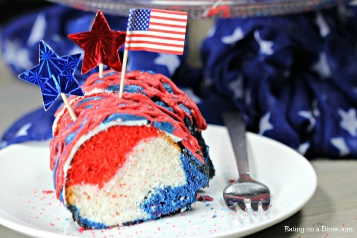 Slice of Red White and Blue cake on a plate