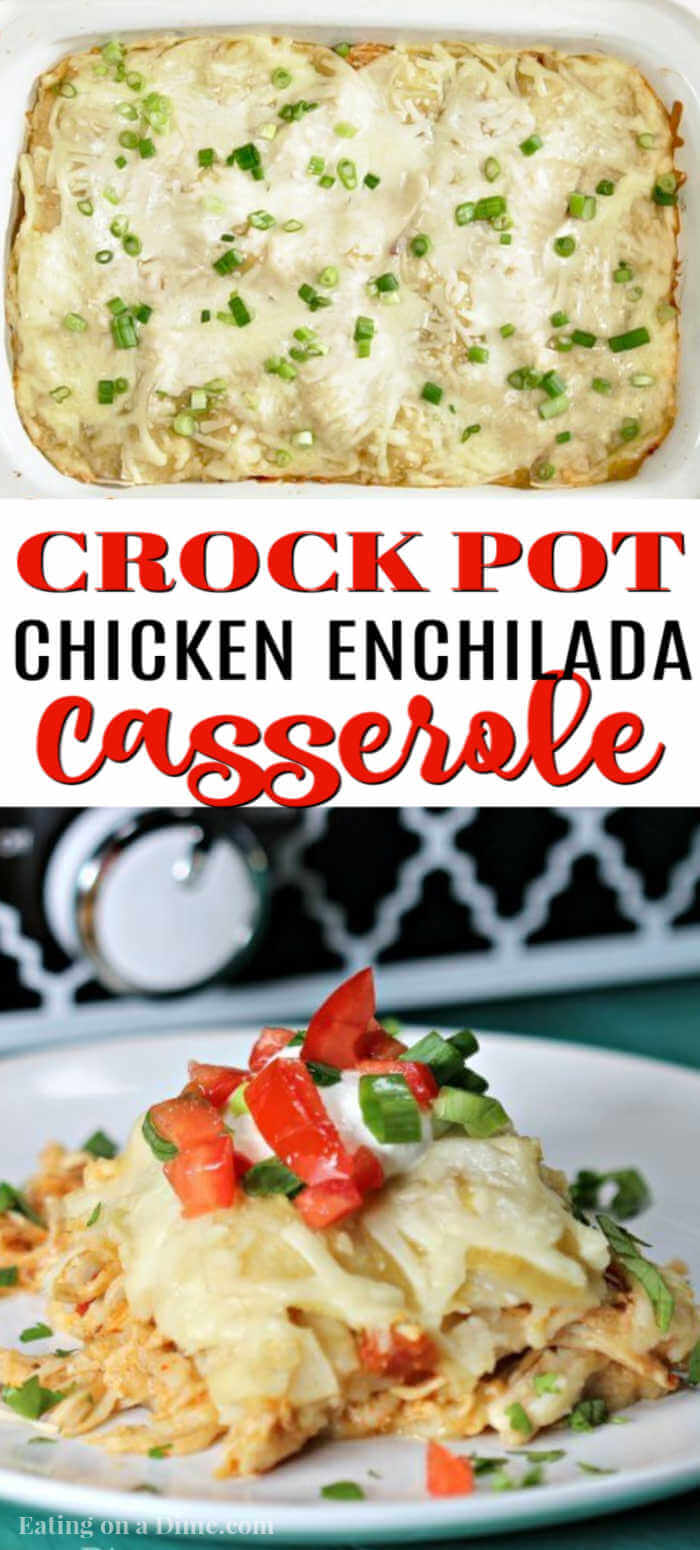 If you love easy recipes like I do, Try this super easy Crock Pot Chicken Enchilada Casserole Recipe. Your favorite healthy enchilada recipe layered and cooked in a crock pot! You'll love this easy Mexican meal with corn tortillas and green enchilada sauce. #eatingonadime #mexicanrecipes #dinnerrecipes #enchiladarecipes 