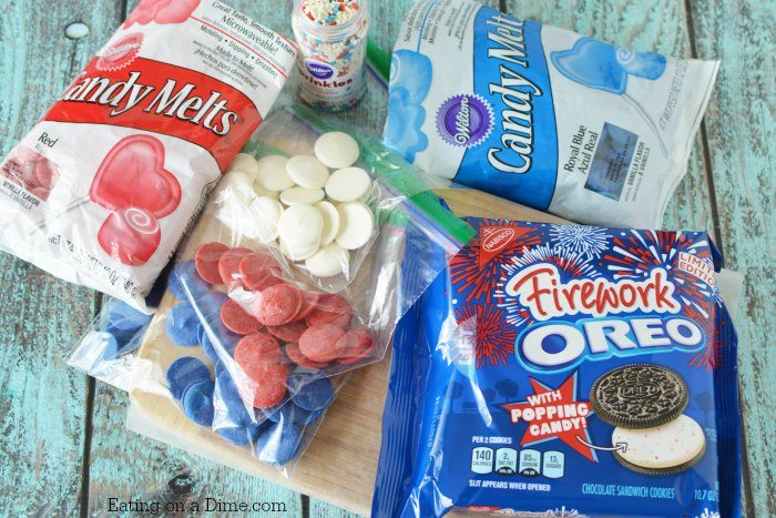Ingredients needed - Oreo cookies, red candy melts, blue candy melts, sprinkles