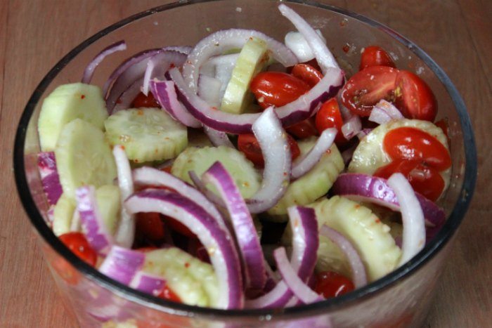 marinating cucumber and tomato salad