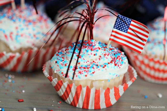 These quick and Easy 4th of July Cupcakes are so fun! These firecracker cupcakes have a surprise of sprinkles in the middle! They're perfect for parties!