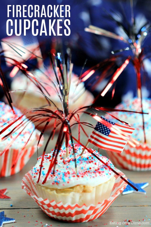 These quick and Easy 4th of July Cupcakes are so fun! These firecracker cupcakes have a surprise of sprinkles in the middle! They're perfect for parties!