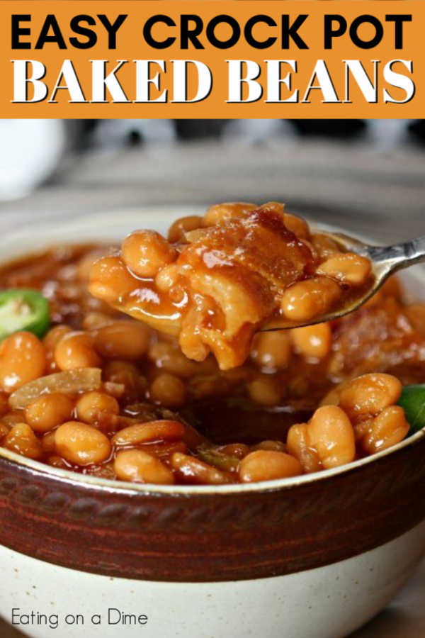 This crock pot baked beans recipe with bacon is amazing! It is the best baked beans recipe in the slow cooker you can make and it’s easy too! I love making this recipe for a crowd. If you love slow cooker easy recipes, you are going to love this beans with bacon crockpot recipe! #eatingonadime #crockpotrecipes #sidedishes 