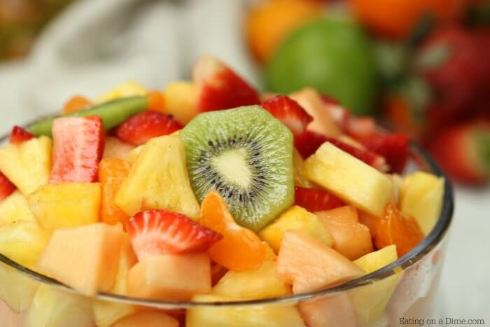Close up image of fruit salad in a clear bowl. 