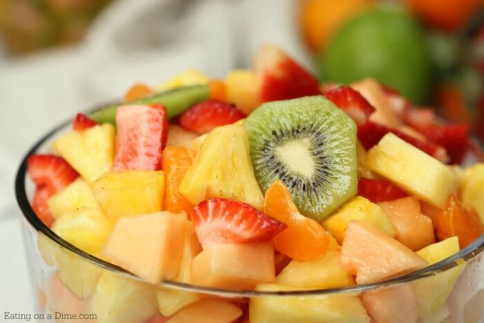 Close up image of fruit salad in a clear bowl. 