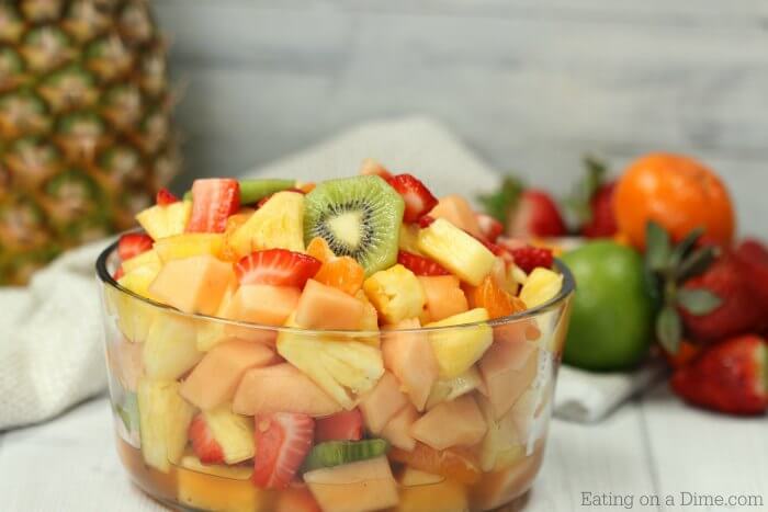 Close up image of fruit salad in a clear bowl. 