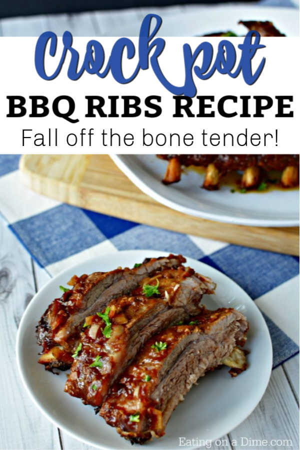 This slow cooker pork ribs recipe is easy to make and are fall off the bone tender! You'll never make ribs in the oven again once you make crock pot ribs! This is the best rib recipe ever! #eatingonadime #crockpotrecipes #dinnerrecipes 