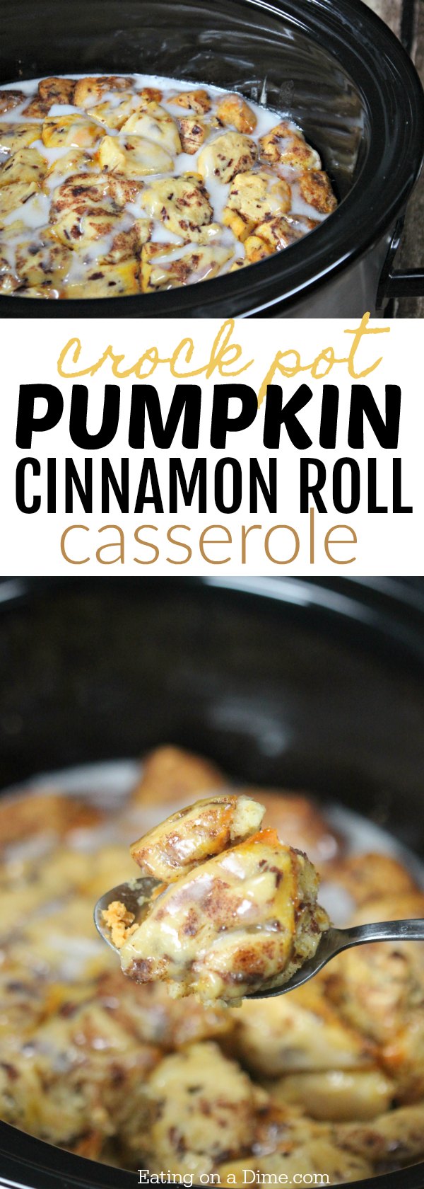 You will love this pumpkin cinnamon roll casserole recipe! It's a fun pumpkin twist on crockpot cinnamon rolls. Try this easy pumpkin recipe! 