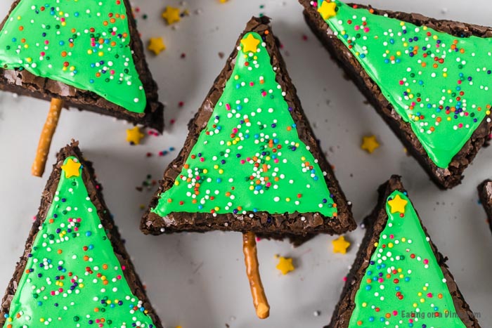 Close up image of decorated Christmas tree brownies. 