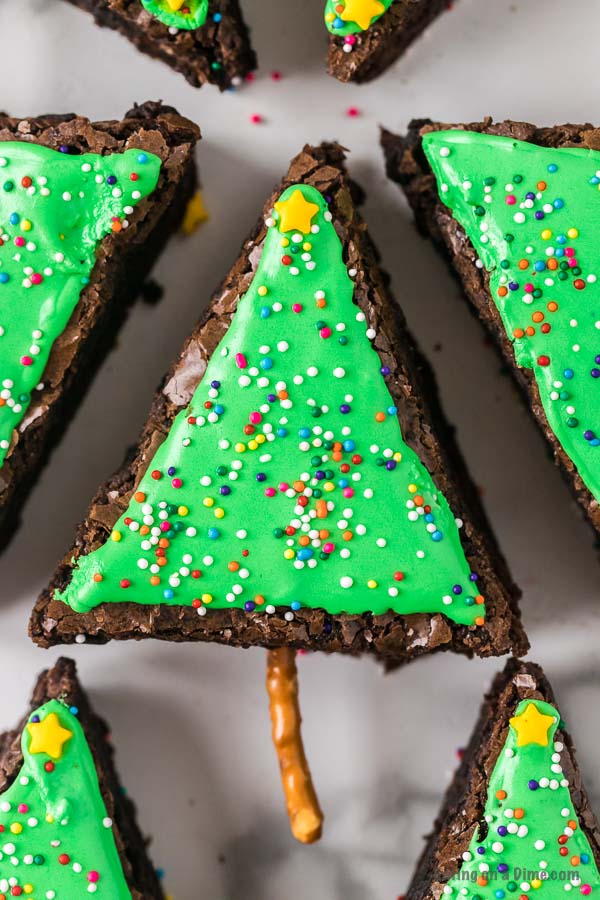 Close up image of decorated Christmas tree brownies. 