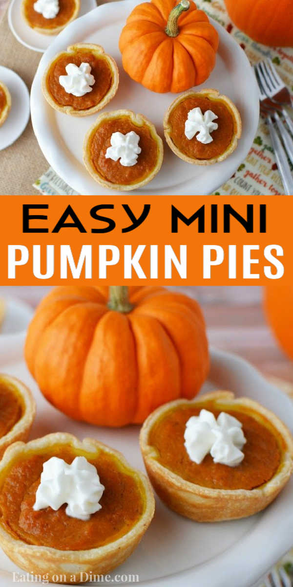 What could be better than pumpkin pie? This Mini Pumpkin Pies Recipe! These adorable little pies are the perfect size for parties and also taste amazing. They are also easy to make in a muffin tin. Everyone will love these mini pies at Thanksgiving! #eatingonadime #pierecipes #pumpkinrecipes 
