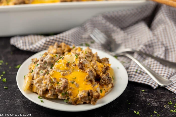 This Gluten Free Hamburger Casserole Recipe is going to be a big hit with your  family! The cheese and the creaminess of the soup is so tasty.