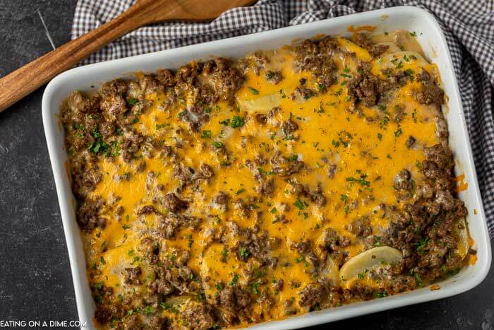 This Gluten Free Hamburger Casserole Recipe is going to be a big hit with your  family! The cheese and the creaminess of the soup is so tasty.