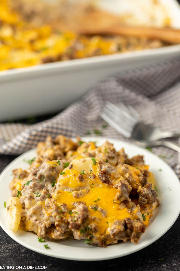 This Gluten Free Hamburger Casserole Recipe is going to be a big hit with your  family! The cheese and the creaminess of the soup is so tasty.