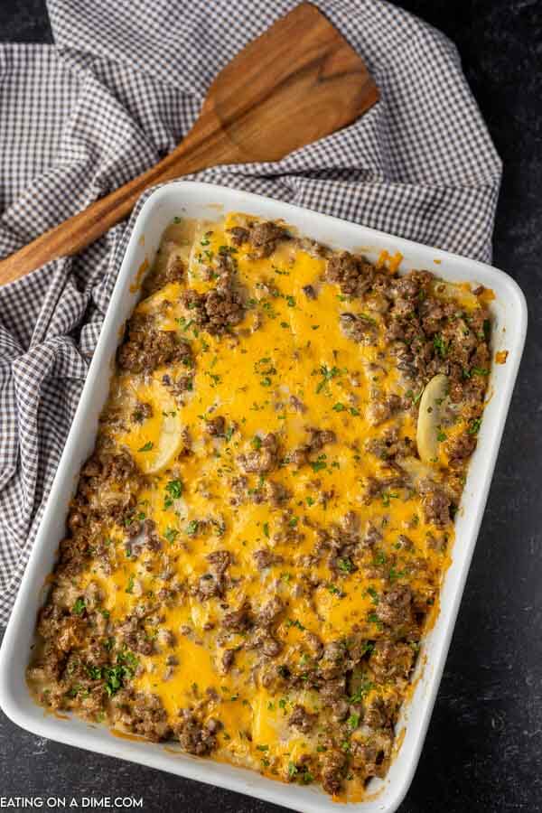 This Gluten Free Hamburger Casserole Recipe is going to be a big hit with your  family! The cheese and the creaminess of the soup is so tasty.