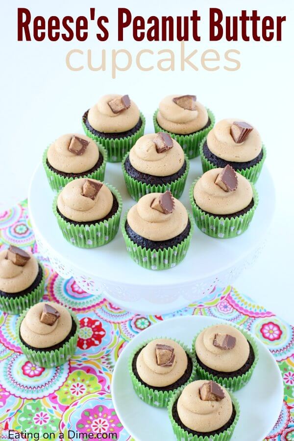 Reese's Cupcakes on a white cake stand 