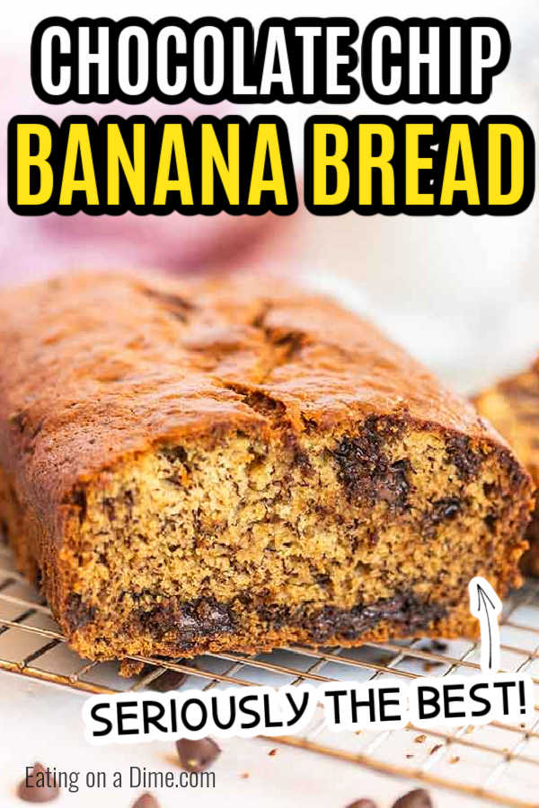 Try this simple and moist Chocolate chip banana bread Recipe! If you love banana bread, then you are going to love this easy chocolate chip banana bread recipe that is made in one bowl! This chocolate chip banana bread is the best! #eatingonadime #bakingrecipes #bananabread 
