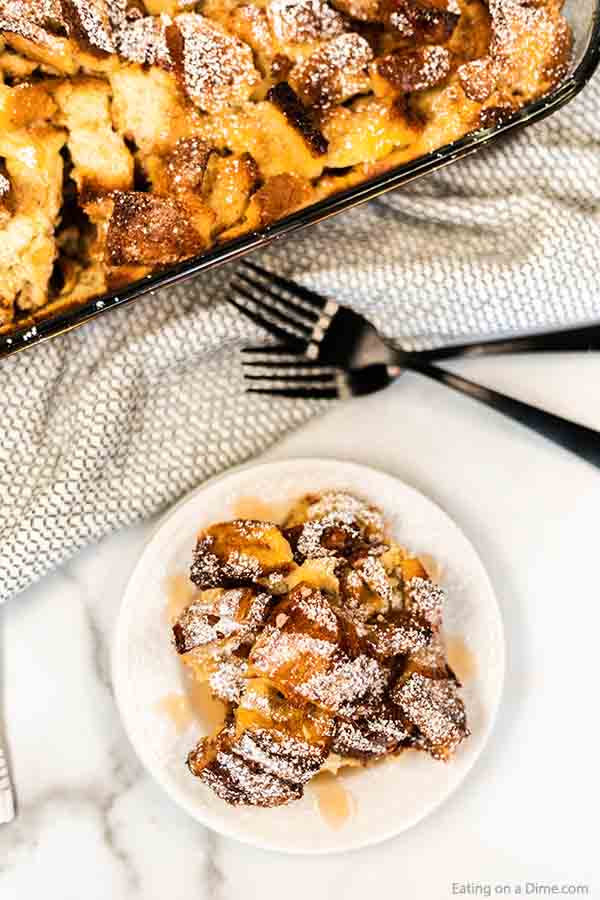 Close up image of french toast casserole on a white plate. 