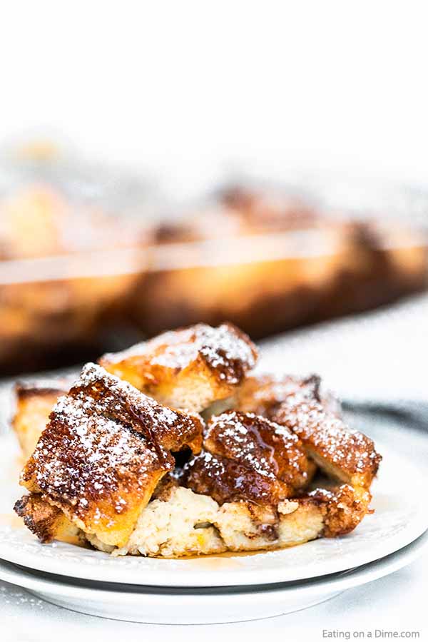 Close up image of french toast casserole on a white plate. 