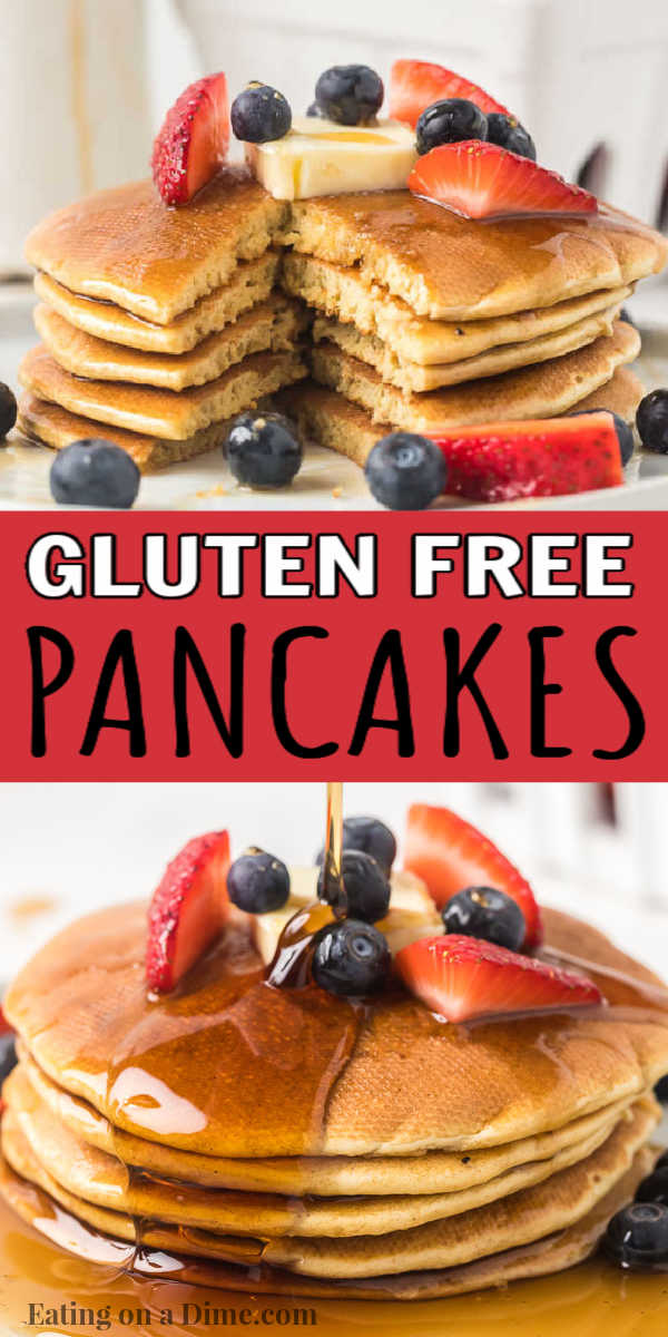 These gluten free pancakes are the best, fluffy pancakes. These pancakes are easy to make from scratch. You will love this easy and delicious gluten free pancake recipe. #eatingonadime #pancakerecipes #glutenfreerecipes 