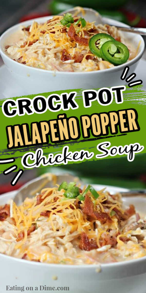 Try this easy crock pot jalapeño popper chicken soup recipe. This delicious crock pot jalapeño popper soup is easy to make and delicious too! Everyone loves this slow cooker jalapeño popper chicken soup with bacon and cream cheese! #eatingonadime #crockpotrecipes #souprecipes #slowcookerrecipes 