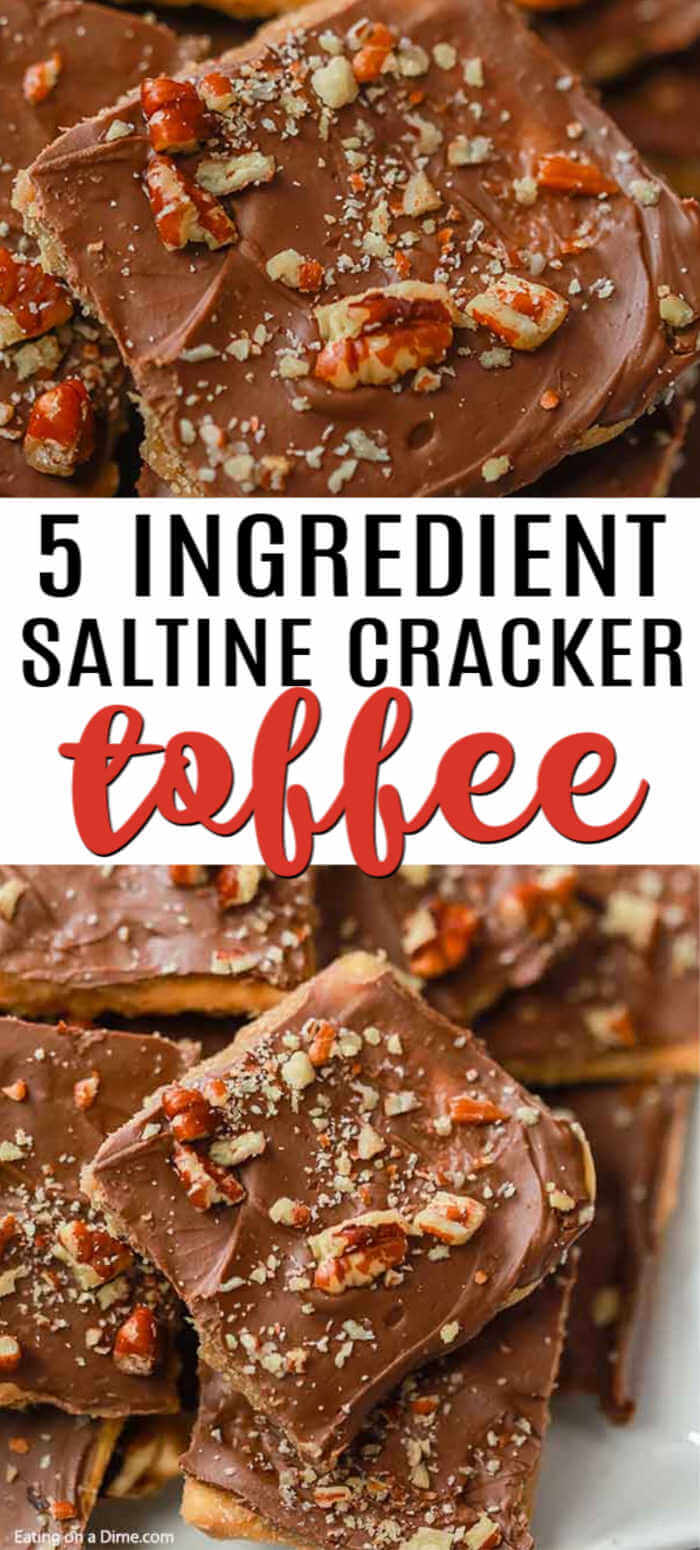 This Saltine Cracker Toffee is easy to make and sometimes called Christmas crack. This Saltine Cracker Toffee recipe is a favorite and is perfect for the holidays. Everyone will devour this toffee recipe! #eatingonadime #dessertrecipes #toffeerecipes