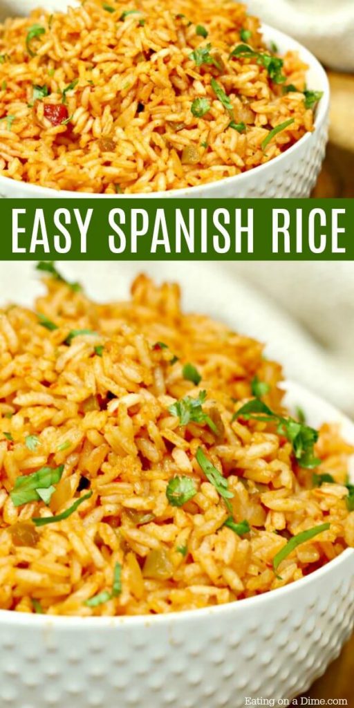 This recipe for homemade Spanish rice tastes just like the restaurants. Try this easy Spanish rice recipe. Learn how to make easy Mexican Rice Recipe with salsa. The entire family will love it.  #eatingonadime #spanishrice #spanishrecipes #ricerecipes #sidedishes #sidedishrecipes 
