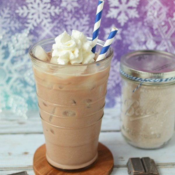 Try this quick and easy Iced Hot Chocolate Recipe. You are going to love this copycat frozen hot chocolate recipe that can be served frozen or over ice. This is an easy and delicious iced hot chocolate recipe. #eatingonadime #drinkrecipes #hotchocolaterecipes 