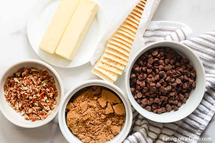 Close up image of ingredients needed for saltine cracker toffee. 