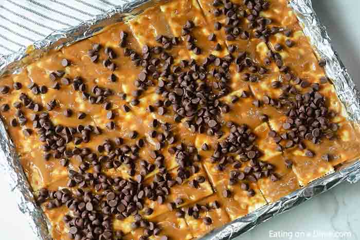 Close up image saltine cracker toffee sprinkle with chocolate chips. 