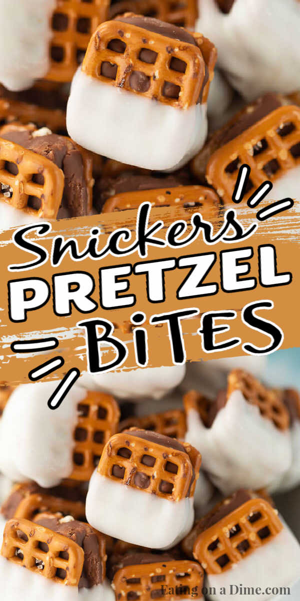 Try these quick and delicious pretzel snicker bites. This easy Snickers Pretzel Bites recipe will be a hit. You will love these easy to make and delicious snickers pretzels. Pretzels with Snickers only take 3 ingredients to make and are delicious too. Every one will love these snickers and pretzels candy! #eatingonadime #pretzeldesserts #easydesserts #snickerdesserts 