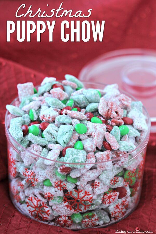 This quick and easy Christmas Puppy Chow Recipe will be a hit! The red and green puppy chow chex is so festive. You will love Chex Mix Muddy Buddies! 