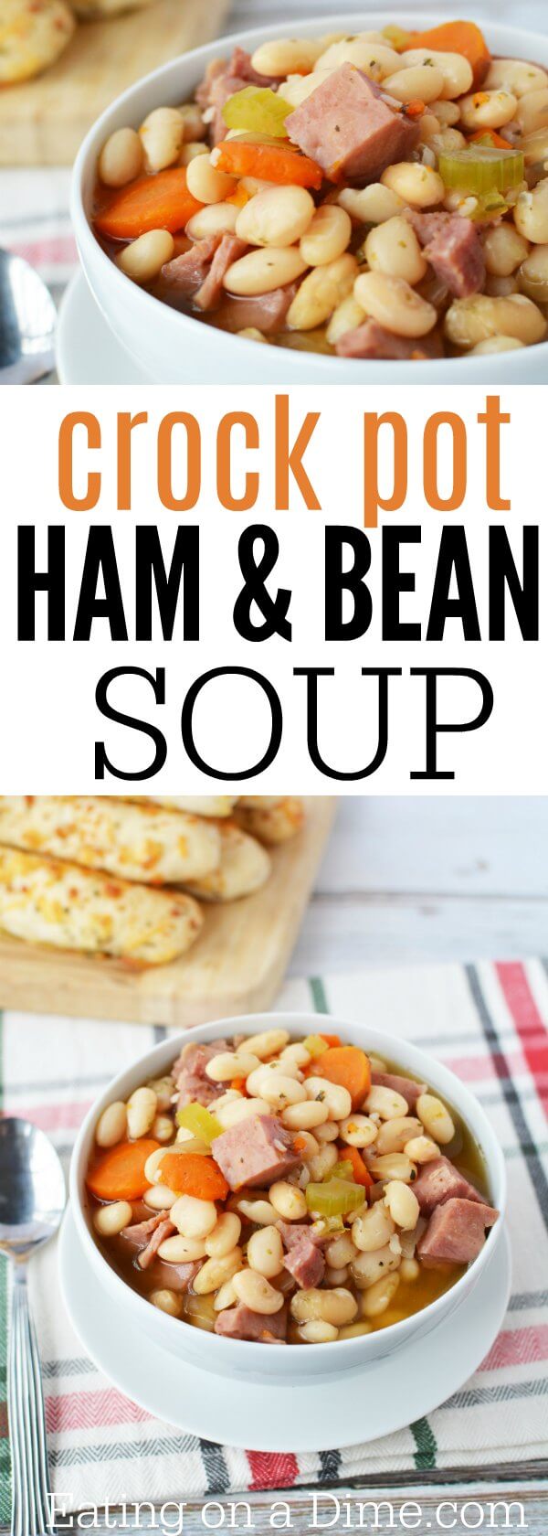 Try this hearty ham and bean soup crock pot recipe. Slow Cooker ham and bean soup is quick and easy. Crock pot ham and beans will be a hit with the family!