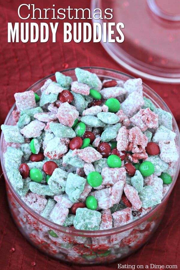 This quick and easy Christmas Puppy Chow Recipe will be a hit! The red and green puppy chow chex is so festive. You will love Chex Mix Muddy Buddies! 