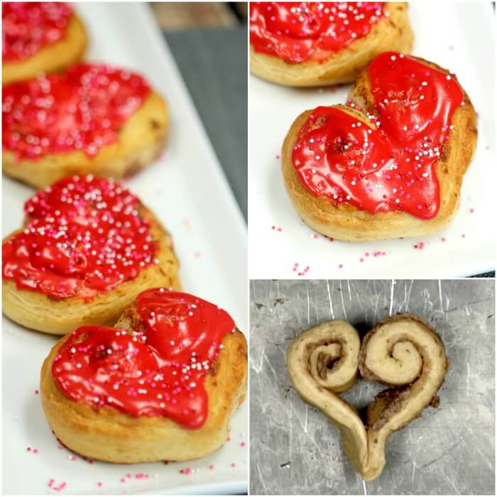 3 photos showing the close up of the heart shaped cinnamon rolls and 1 photos of the cinnamon roll dough rolled into a heart shape (not cooked) 