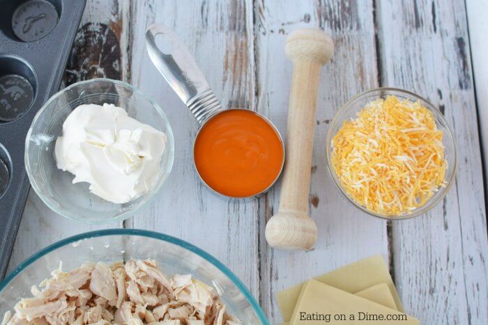 Ingredients to make Buffalo Chicken Dip Wonton Cups 