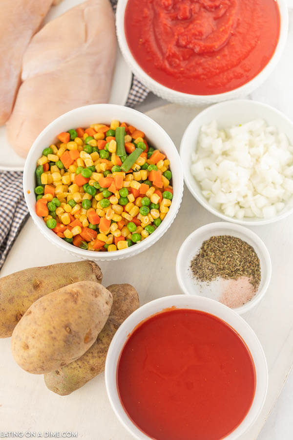 Closeup image of all the chicken vegetable soup ingredients. 