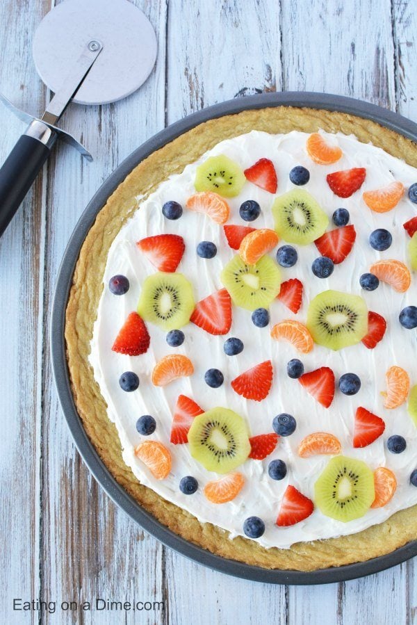 Close up image of fruit pizza. 
