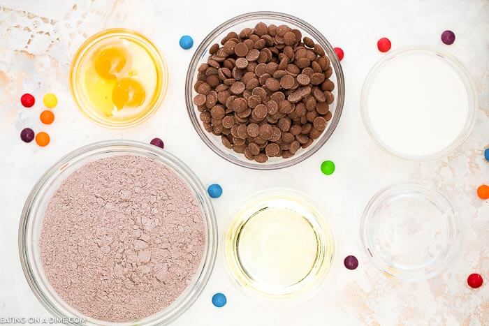 Ingredients needed - brownie mix, chocolate chips, heavy cream, M&M