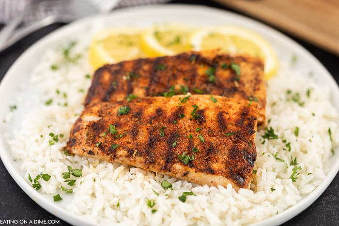 closeup of grilled mahi mahi on rice.