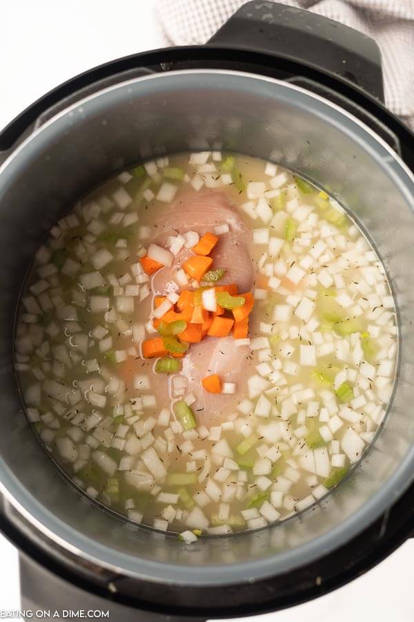 Close up of the chicken noodle soup in the instant pot. 