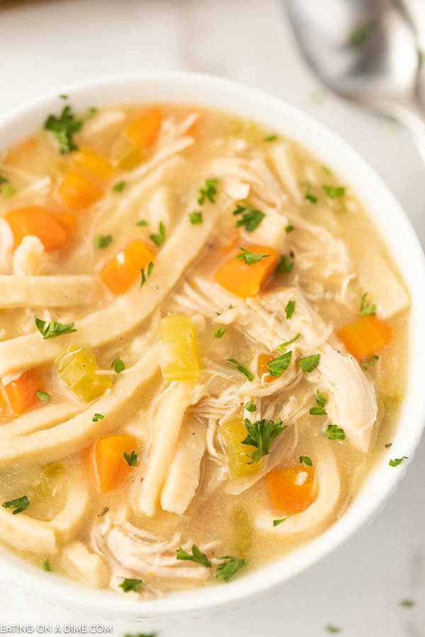 Closeup image of chicken noodle soup in a white bowl. 