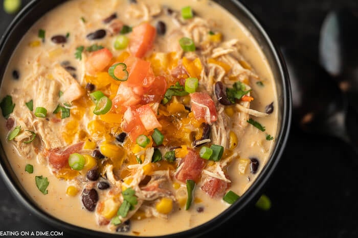 Closeup of Creamy Chicken Taco Soup in a bowl